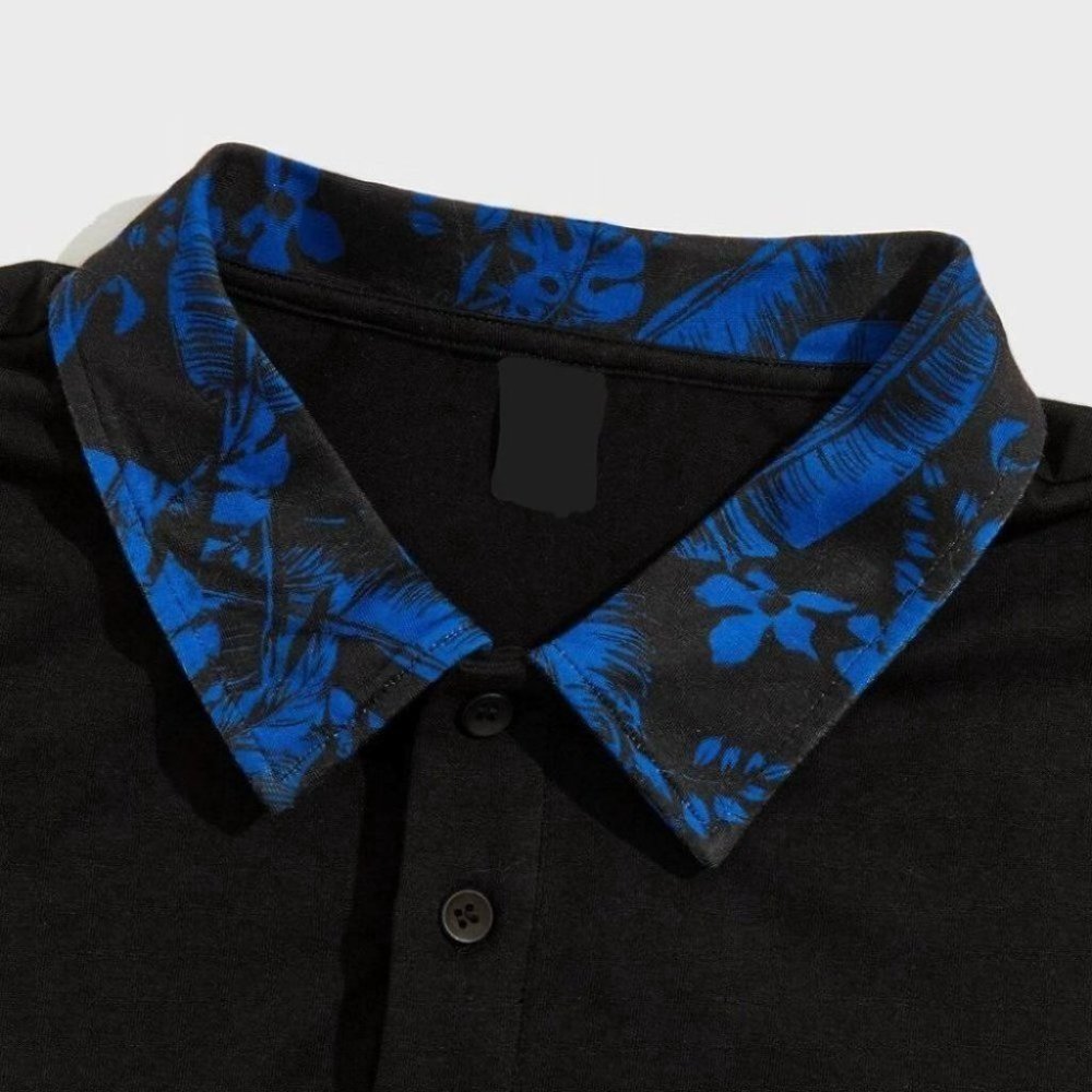 Black Casual Men's Tropical Print Polo Shirt - Picture 3 of 4